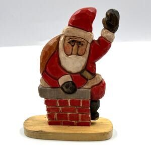 Vintage Wooden Handmade Folk Art Santa Claus Chimney Christmas Shelf Sitter 1989